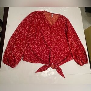 Bright Orange Relaxed Blouse with Tie Front and 3/4 Sleeves